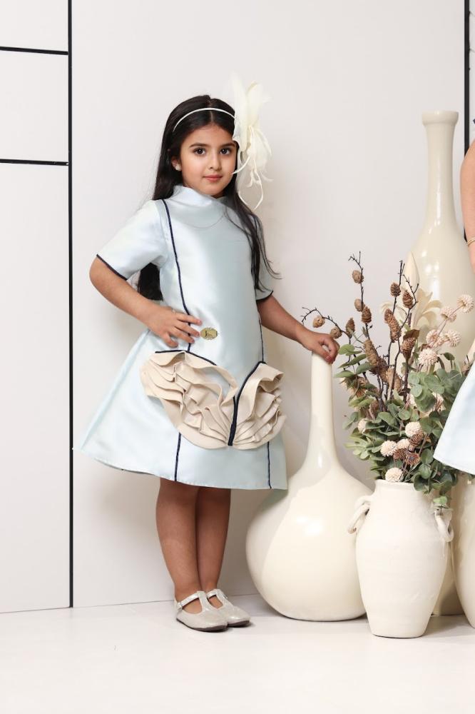 Children's soft dress from the tafetta Mikado in sky blue and beige