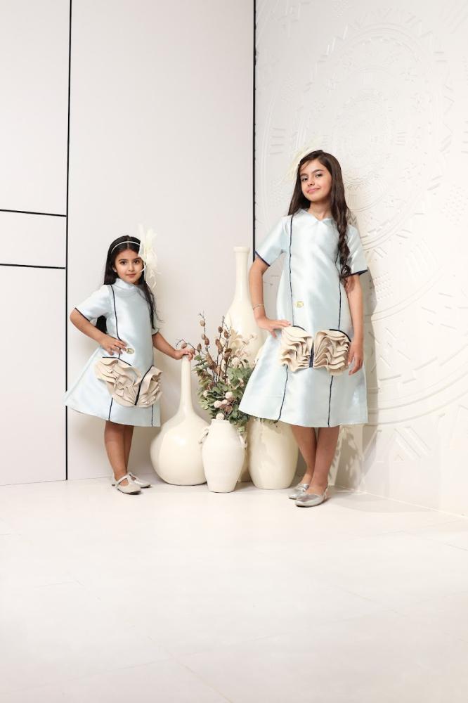 Children's soft dress from the tafetta Mikado in sky blue and beige