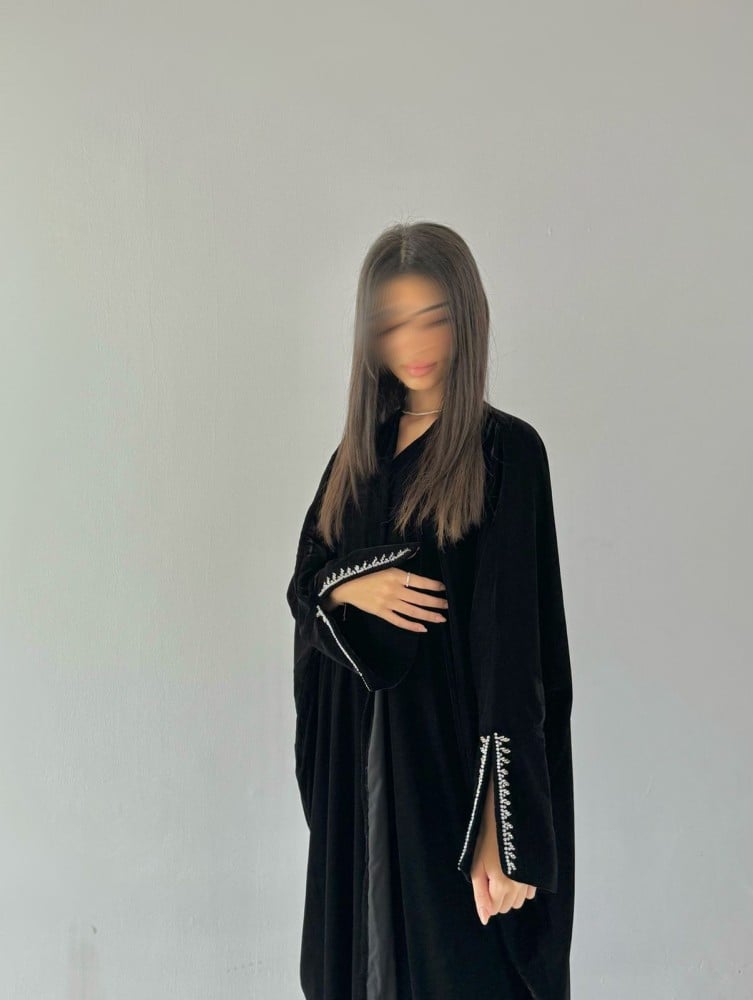 Black velvet abaya with butterfly and with suspicion of the chest