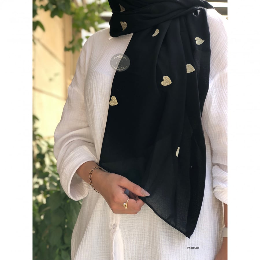 Black color laser embroidery on the length of the hijab