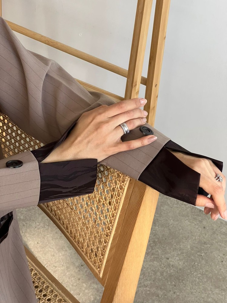 Eileen Abaya, beige striped crepe with brown soft jacquard inserts