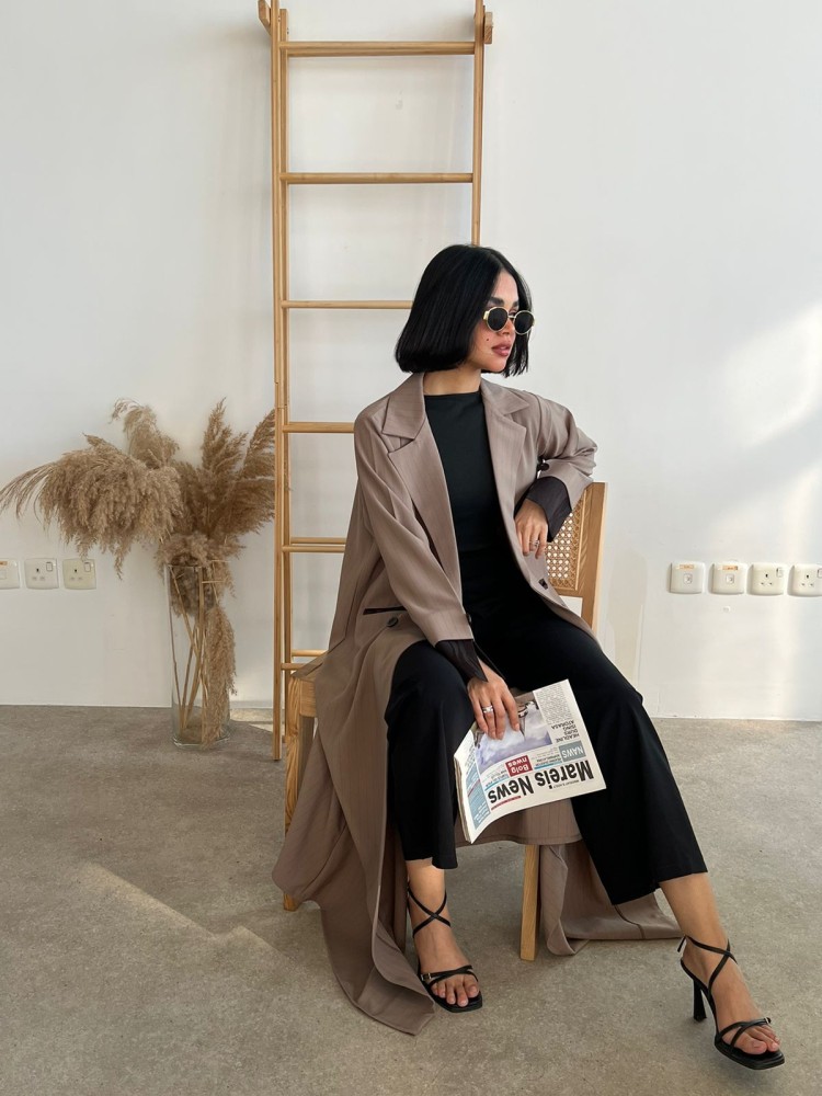 Eileen Abaya, beige striped crepe with brown soft jacquard inserts