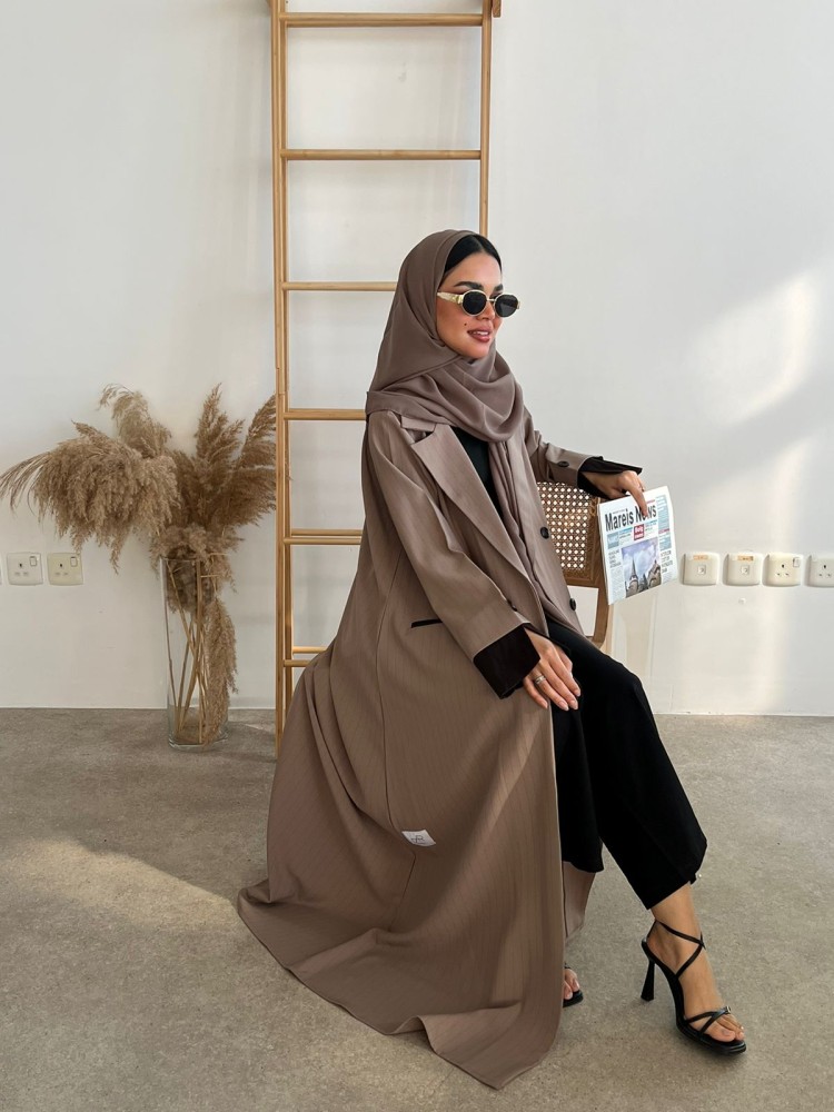Eileen Abaya, beige striped crepe with brown soft jacquard inserts