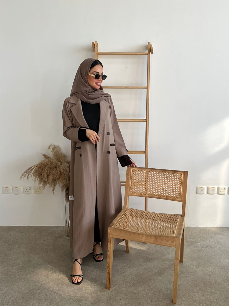 Eileen Abaya, beige striped crepe with brown soft jacquard inserts