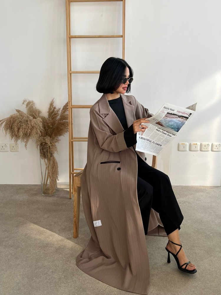 Eileen Abaya, beige striped crepe with brown soft jacquard inserts