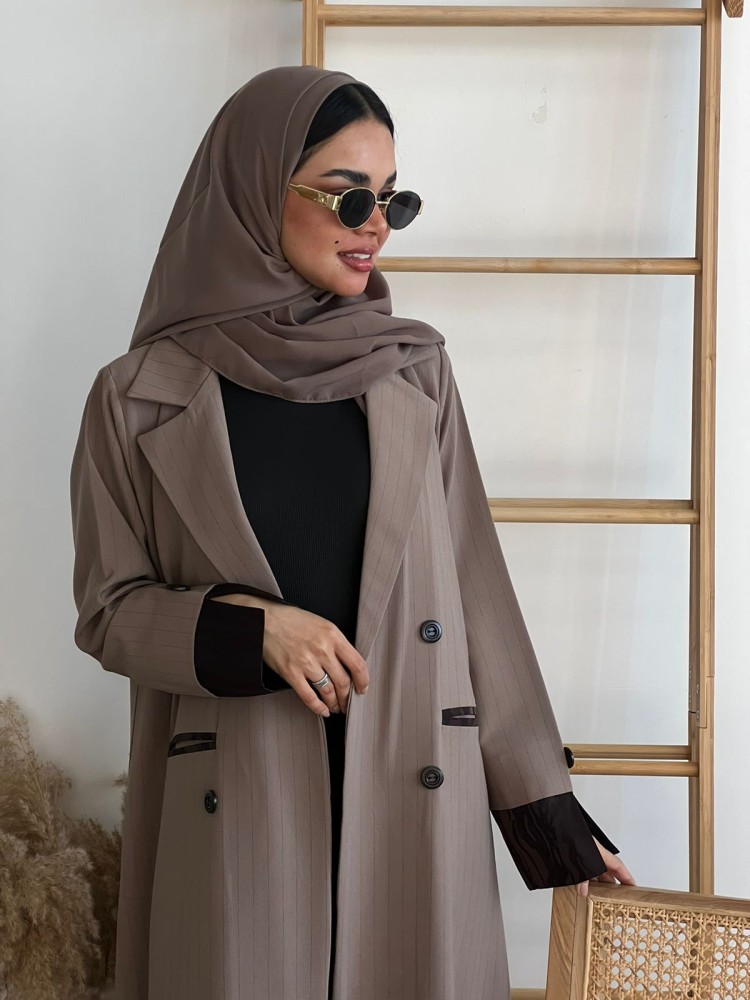 Eileen Abaya, beige striped crepe with brown soft jacquard inserts
