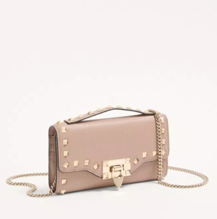 Rockstud Grainy Calfskin Wallet With Chain Strap