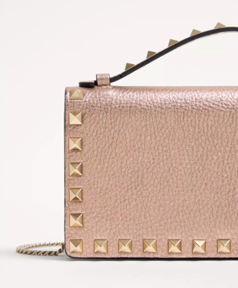 Rockstud Laminated Grainy Calfskin Wallet With Chain