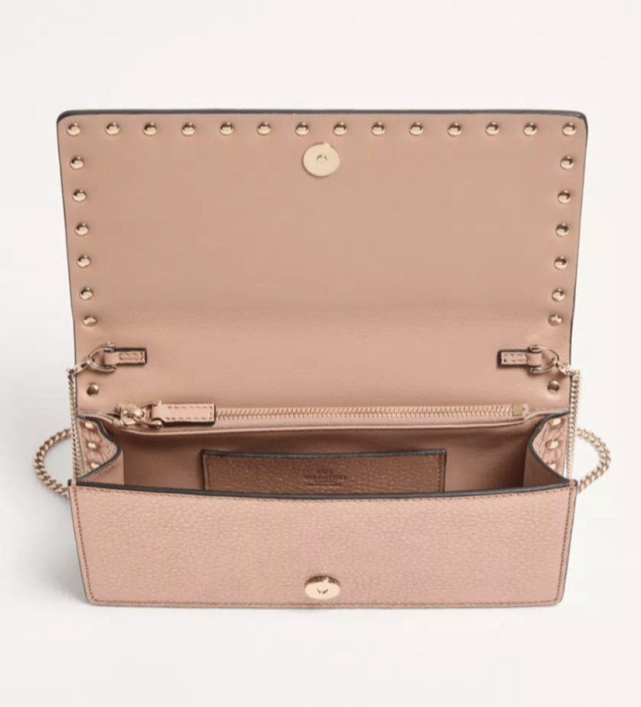 Rockstud Laminated Grainy Calfskin Wallet With Chain