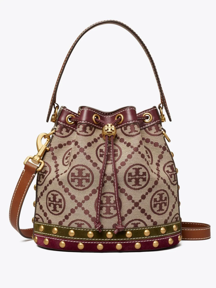 توري برتش | T MONOGRAM JACQUARD STUDDED SMALL BUCKET BAG