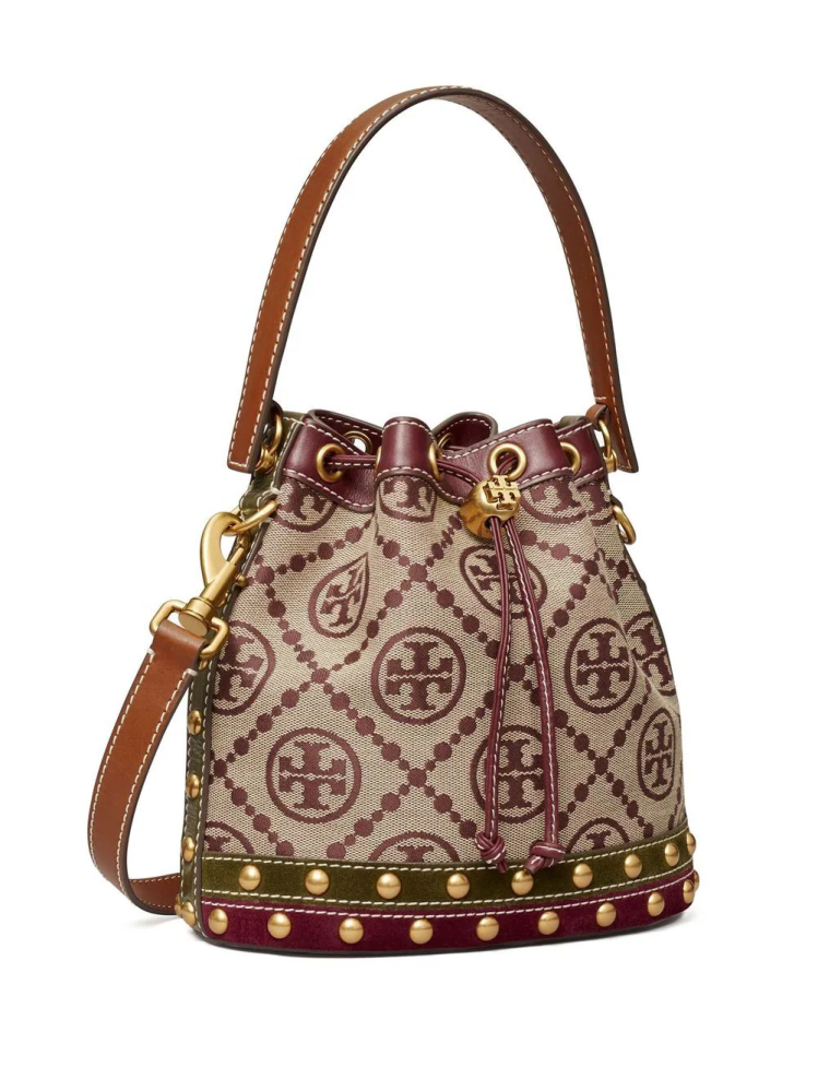 توري برتش | T MONOGRAM JACQUARD STUDDED SMALL BUCKET BAG