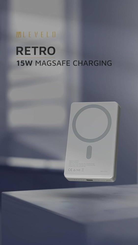 LeviLeo Retro Power Bank 10,000 mAh, compatible with MagSafe, fast charging PD 20W, Type C input and output, 15W wireless output, slim and compact design, pocket-sized