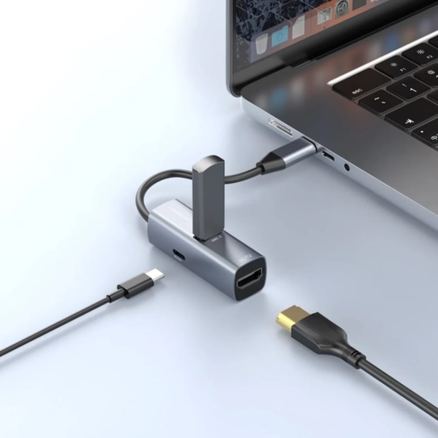 موزع الطاقة Powerology مزود بمنفذ HDMI بدقة 4K ومنفذ USB 3.0 بقدرة 100 واط مع كابل من النوع C - أسود