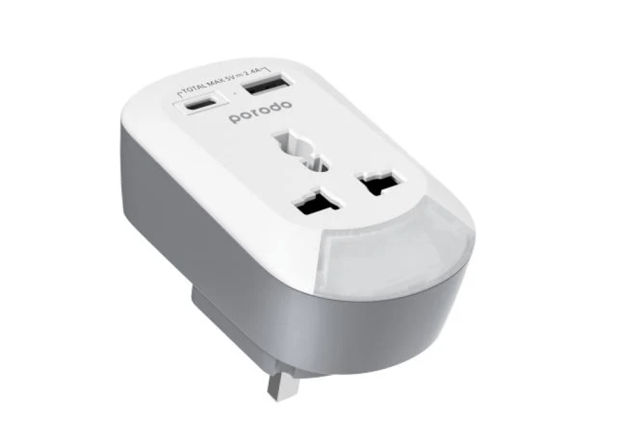 بورودو مقبس تيار متردد عالمي، محول قابس المملكة المتحدة، ضوء ليلي/USB-A /USB-C أبيض