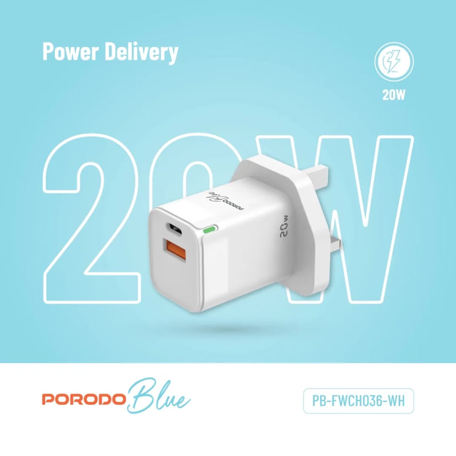 راس شاحن جداري بورودو بلو 20W بمخرجين PD Type C و Porodo Blue