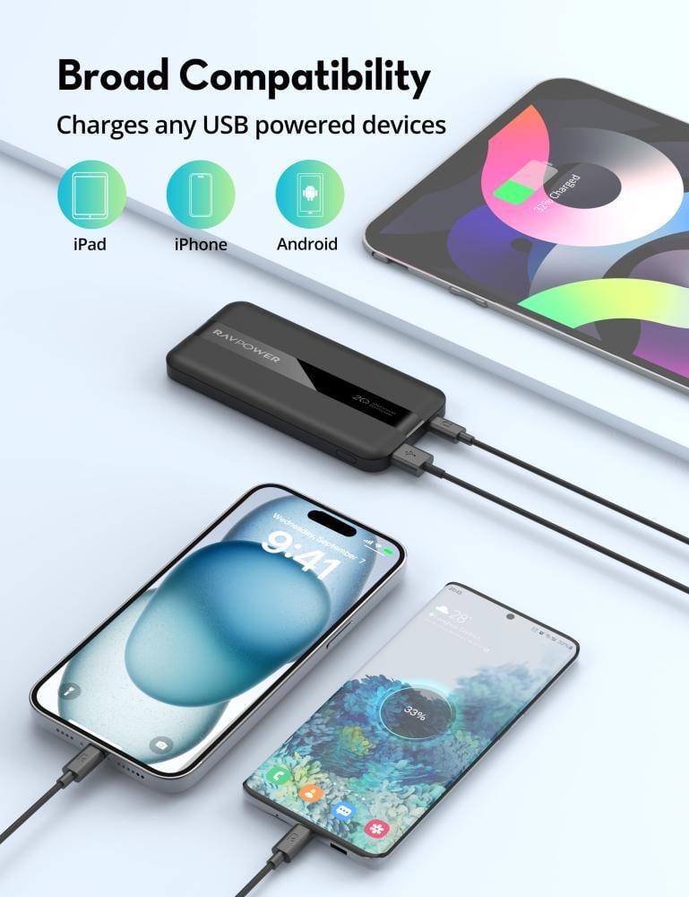 بطارية راف باور بسعة 10000 ملي امبير بقوة 20 واط بمنفذ تايب سي ومنفذ USB-A - اسود