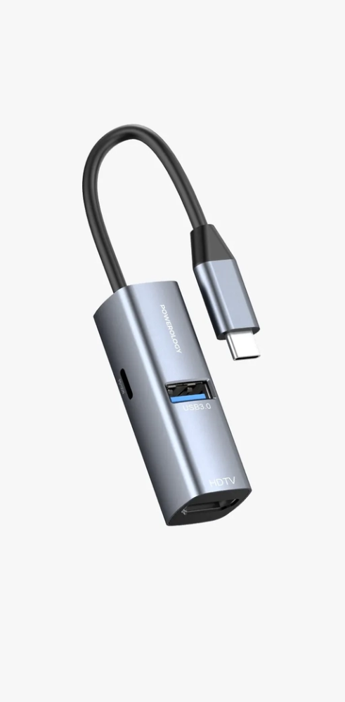 موزع الطاقة Powerology مزود بمنفذ HDMI بدقة 4K ومنفذ USB 3.0 بقدرة 100 واط مع كابل من النوع C - أسود