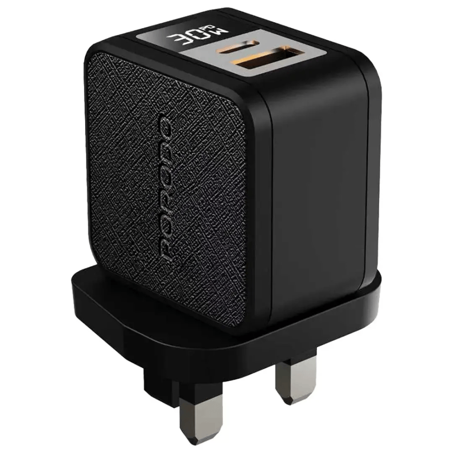 شاحن Porodo Quantum GaN 30W Multi-Port مع شاشة رقمية - أسود