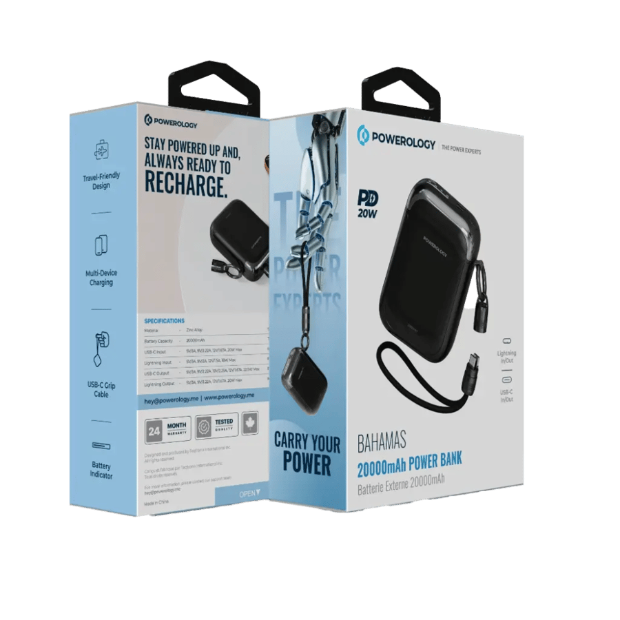 بطارية Powerology Bahamas بسعة 20000 مللي أمبير مع منفذ USB-C بقدرة 22.5 واط ومنفذ Lightning بقدرة 20 واط للإدخال والإخراج اسود