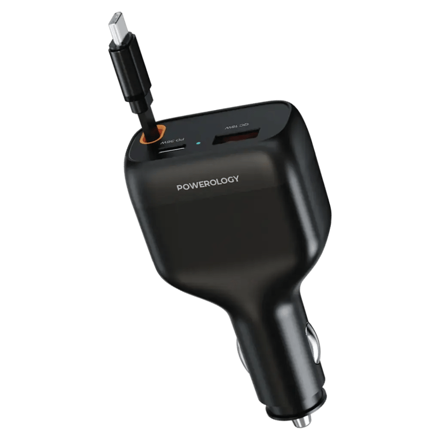 شاحن سيارة باورولوجي سايبر 81 واط مع كابل USB-C قابل للسحب – أسود
