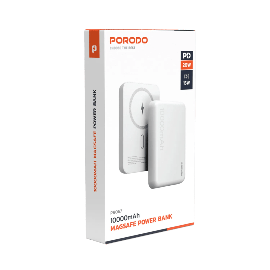 شاحن متنقل 10000 ملي أمبير 20 واط أبيض بورودو Porodo Wireless + Pd 20w Magsafe Power Bank