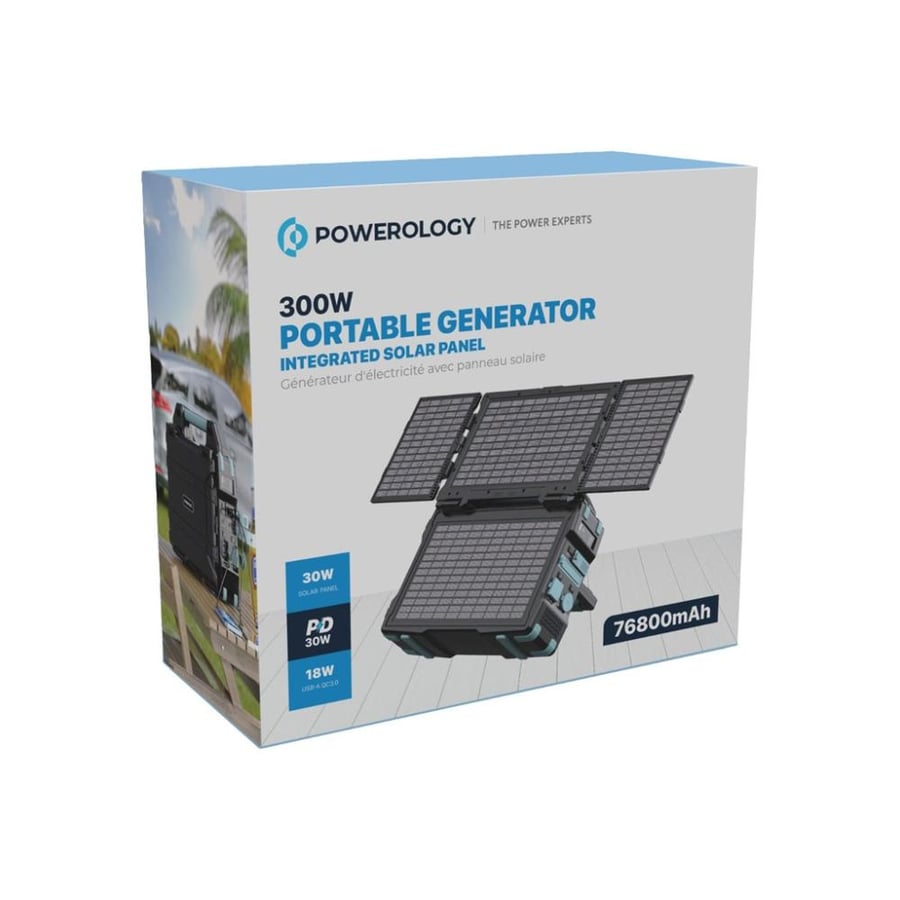 Portable solar power generator from Powerology, 284 watt/hour, 300 watt, fast charging - black