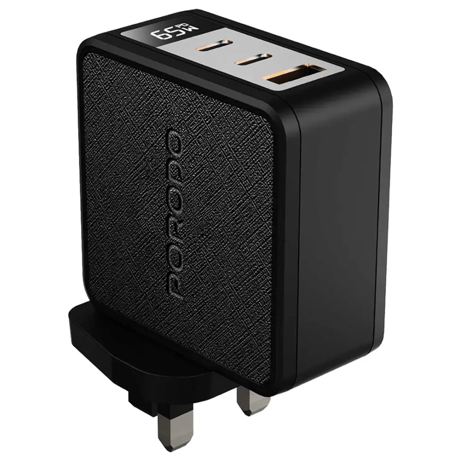 شاحن Porodo Quantum GaN 65W Multi-Port مع شاشة رقمية - أسود