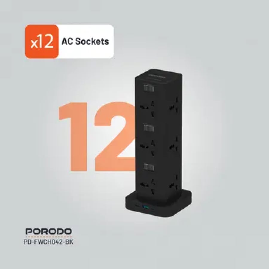 برج طاقة بورودو بي دي بقوة 20 واط مع كيو سي3.0 ومقبس + منفذين تايب سي بطول 3 أمتار أسود Porodo PD20w QC 3.0 1a + 2 Type C Socket Tower 3m - Black