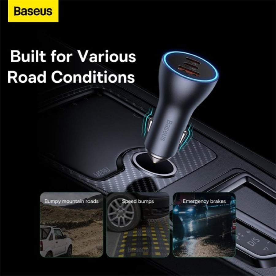 شاحن سيارة Baseus Golden Contactor Pro USB-A + 2x USB-C 65W رمادي داكن