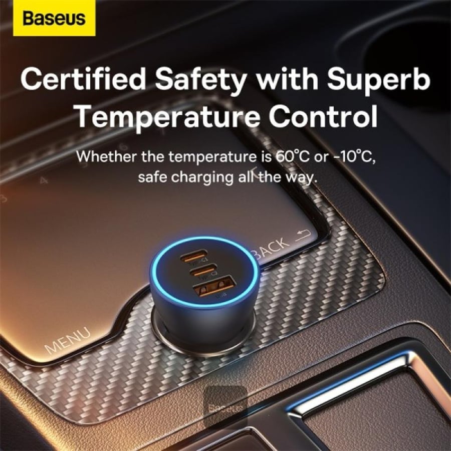 شاحن سيارة Baseus Golden Contactor Pro USB-A + 2x USB-C 65W رمادي داكن