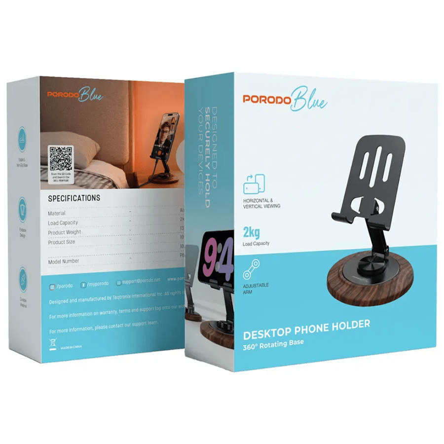 حامل هاتف سطح المكتب Porodo Blue مع قاعدة دوارة 360° - أسود