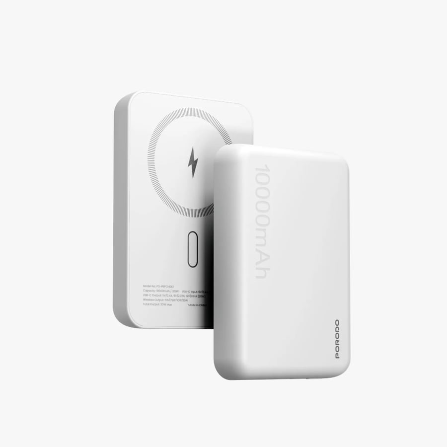 شاحن متنقل 10000 ملي أمبير 20 واط أبيض بورودو Porodo Wireless + Pd 20w Magsafe Power Bank
