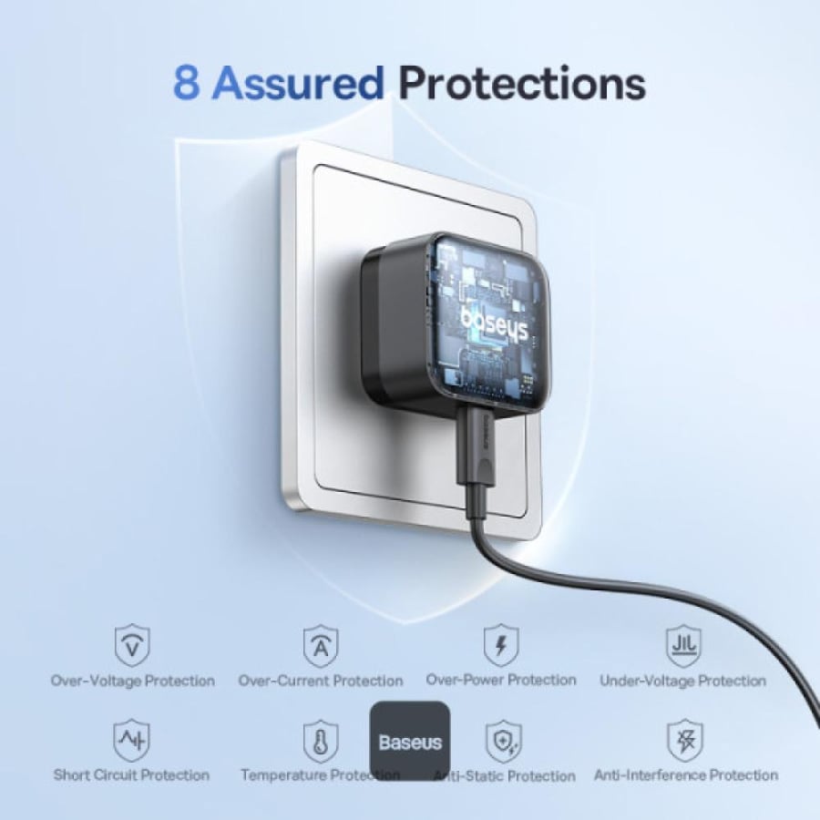 شاحن الحائط Baseus Palm بقوة 30 واط PD بمنفذ Type-C للشحن السريع - قابس UK مع كابل بيانات Type-C إلى Type-C فائق السرعة بطول 1 متر - أسود.