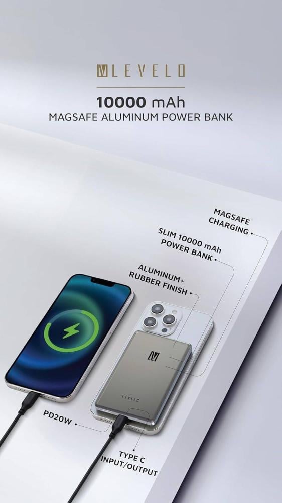 LeviLeo Retro Power Bank 10,000 mAh, compatible with MagSafe, fast charging PD 20W, Type C input and output, 15W wireless output, slim and compact design, pocket-sized