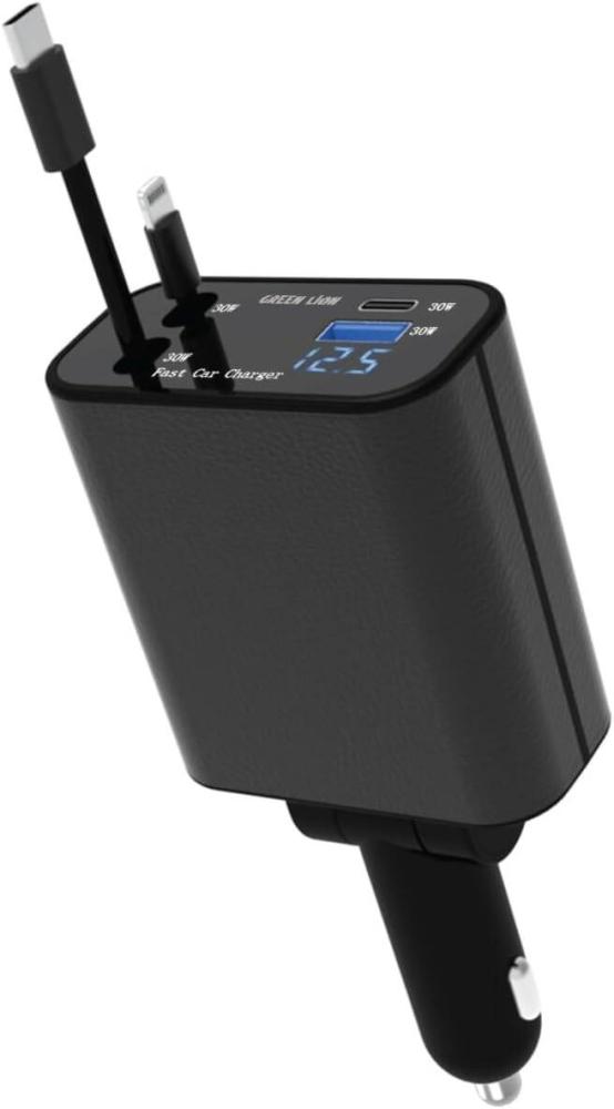 Pull-out car charger with 120W power from Green Lion, fast charging PD with 30W, USB-A and USB-C ports, built-in USB-C and Lightning cable, digital screen, portable and small size compatible with iPhone - Black