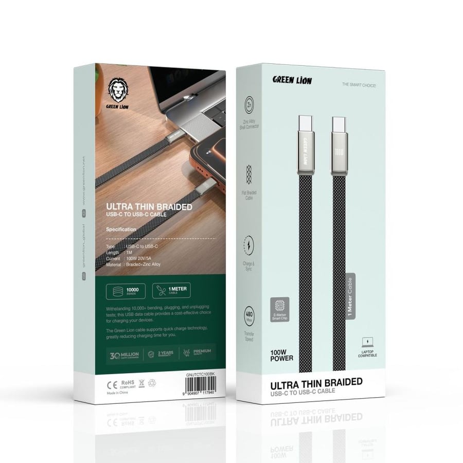 كابل Green Lion فائق النحافة مضفر بطول 1 متر، من نوع USB-C إلى USB-C بقدرة 100 واط - أسود