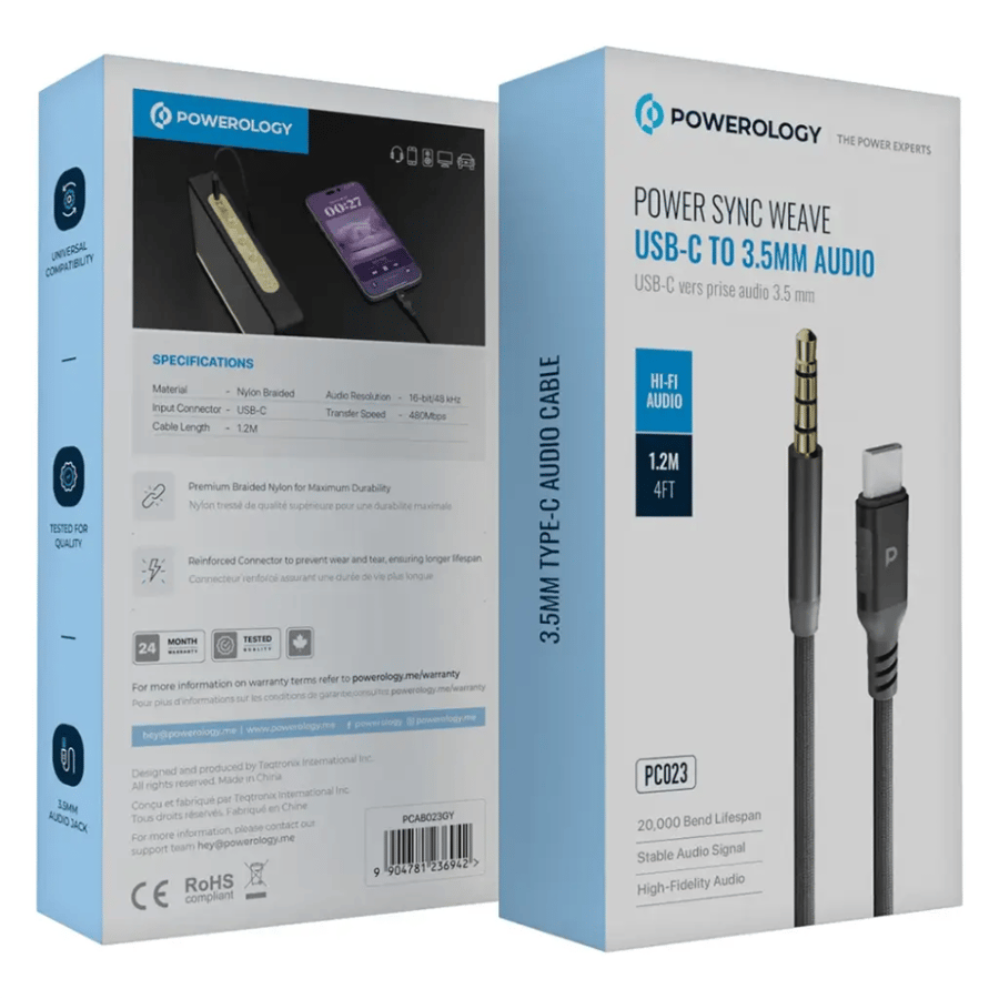 كابل Powerology Power Sync Weave USB-C إلى صوت 3.5 ملم بطول 1.2 متر