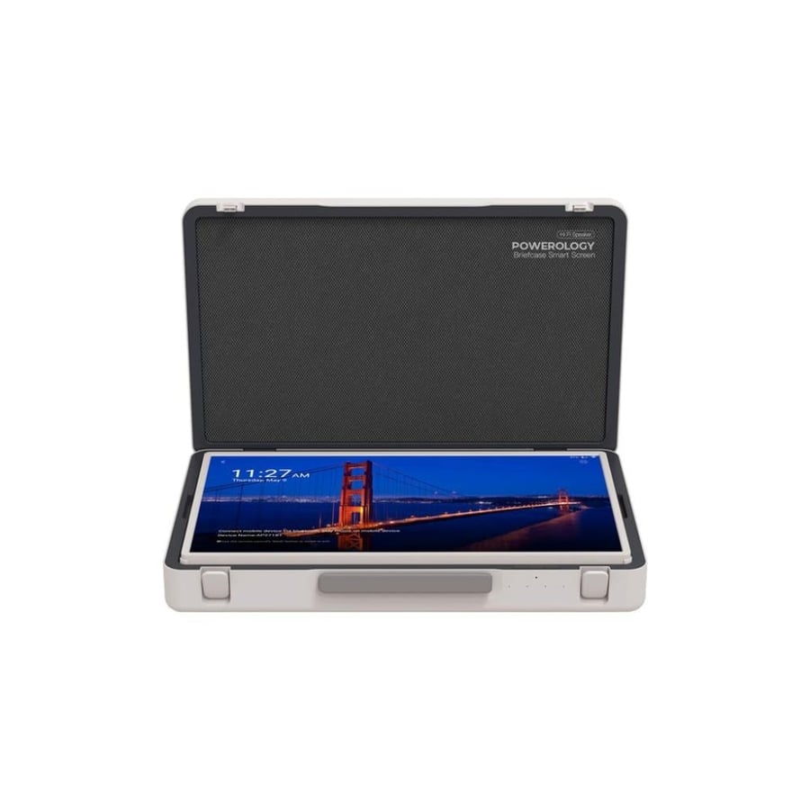 Powerology portable UHD tablet device for outdoor use with 27-inch screen, with Full HD quality, Android 12 system, display in the form of a bag, adjustable viewing angles at 90 degrees, screen flip - white color.
