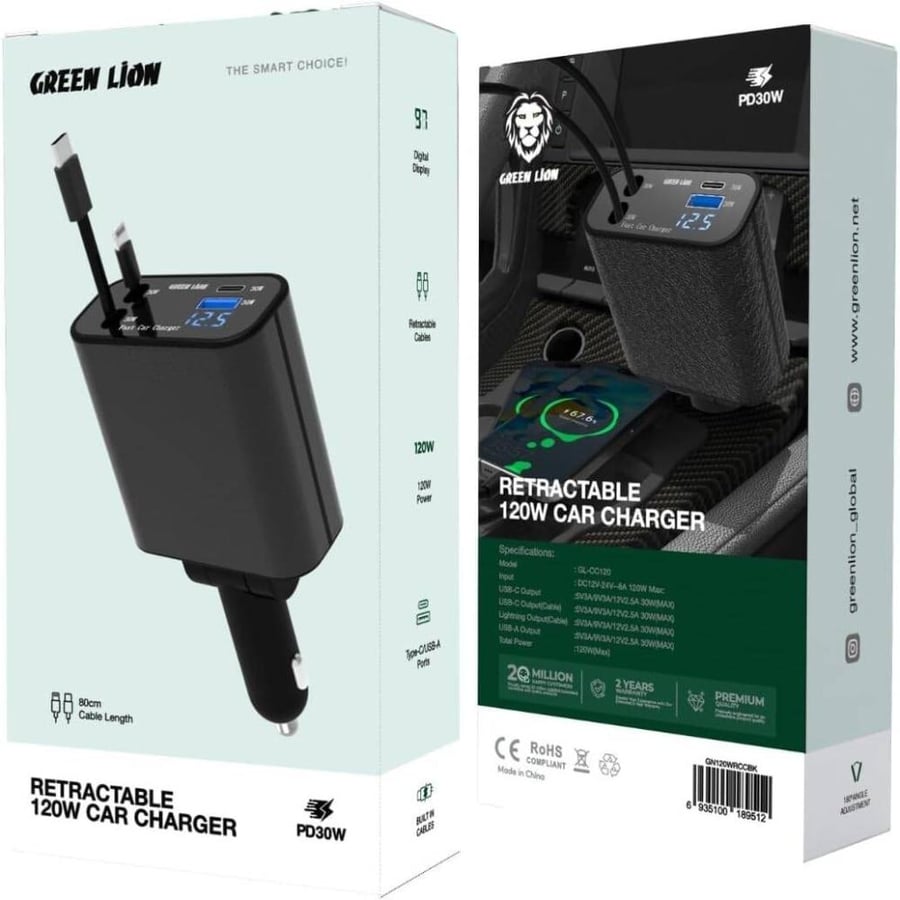 Pull-out car charger with 120W power from Green Lion, fast charging PD with 30W, USB-A and USB-C ports, built-in USB-C and Lightning cable, digital screen, portable and small size compatible with iPhone - Black