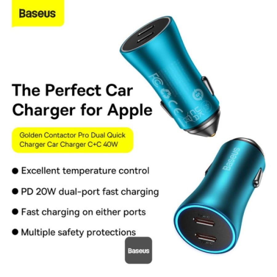 شاحن سيارة Baseus Golden Contactor Pro Dual Type-C بقدرة 40 وات - شحن سريع، تحكم ذكي في درجة الحرارة، حماية متعددة - أزرق