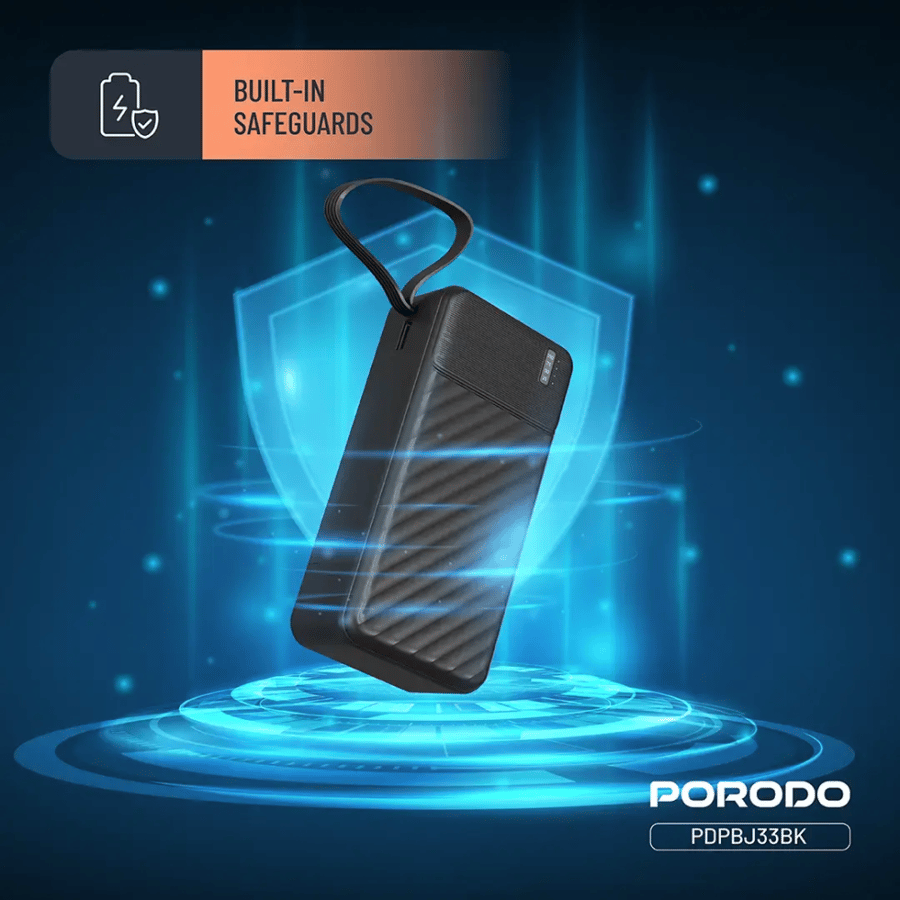 بنك الطاقة Porodo Piano بقدرة 10000mAh مع كابلات مدمجة - أسود