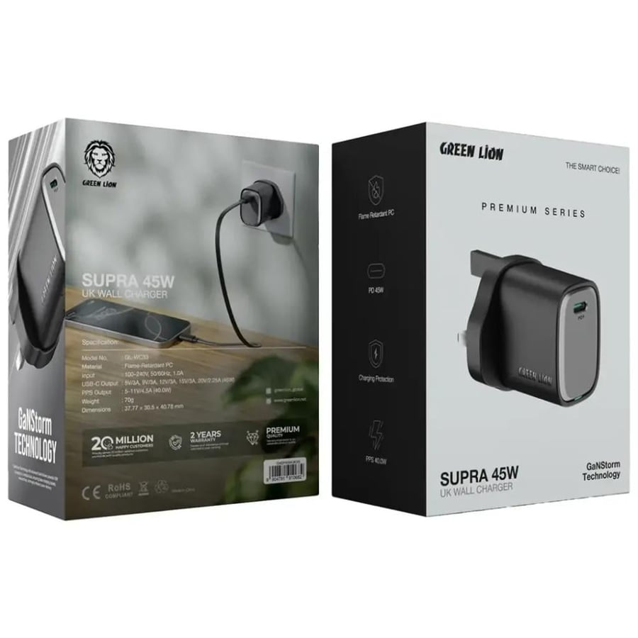 شاحن حائط Green Lion Supra 45W UK - أسود/رمادي