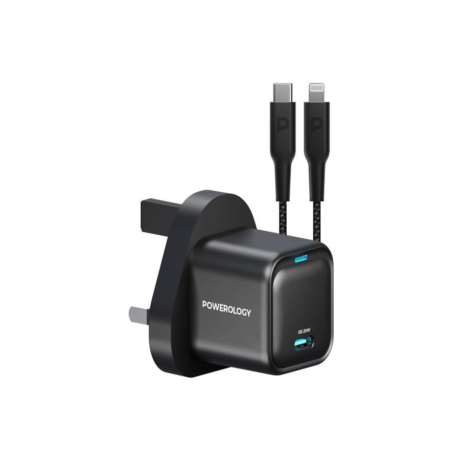 Wall charger 20W PD with one C port in the United Kingdom with Type C to Lightining MFI 27W cable in black from Borology