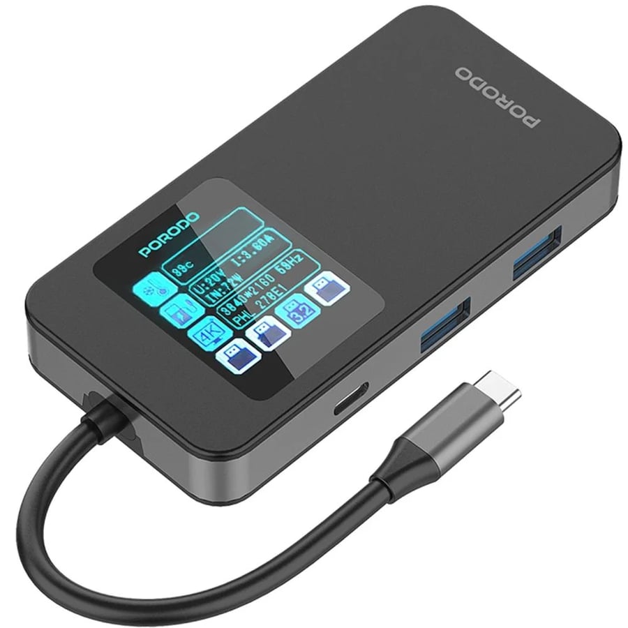 محور USB-C متعدد المنافذ 6 في 1 من بورودو مع شاشة رقمية ذكية - رمادي