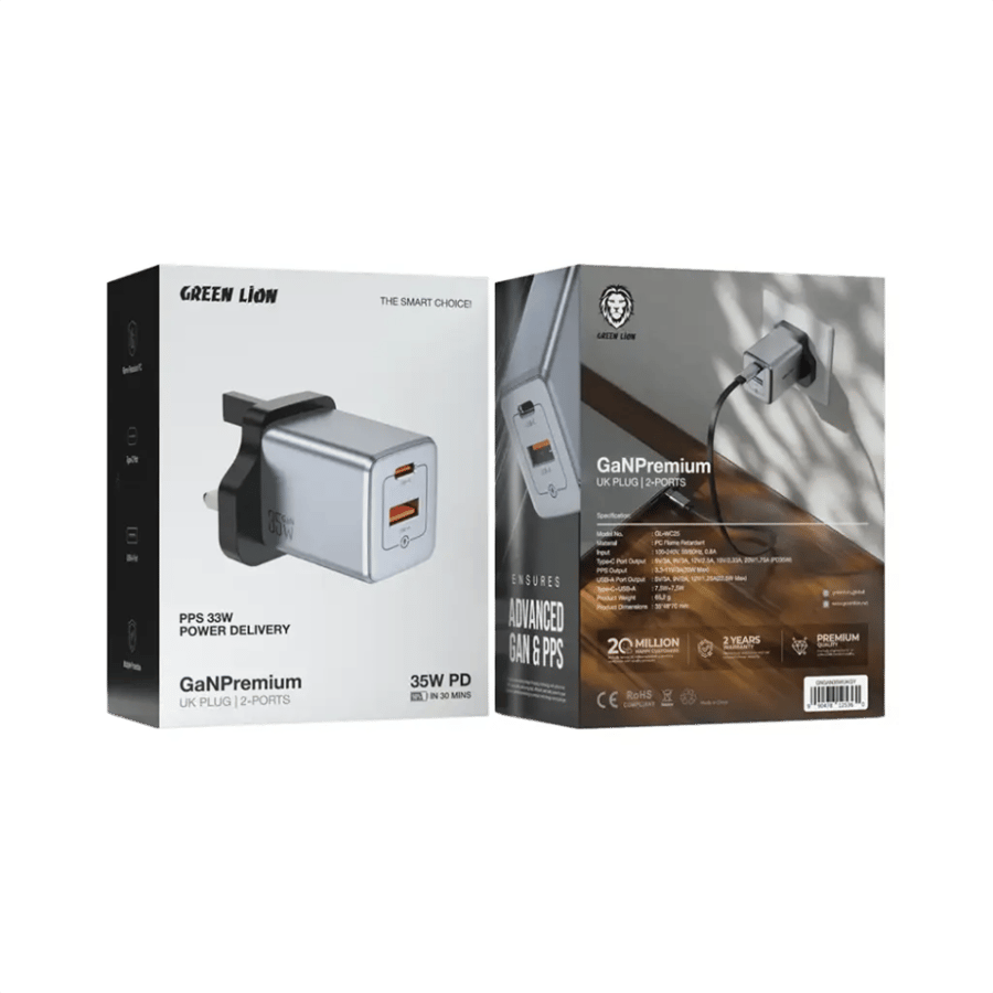 شاحن حائط قرين لاين 35 واط GaN Premium UK Plug - رمادي