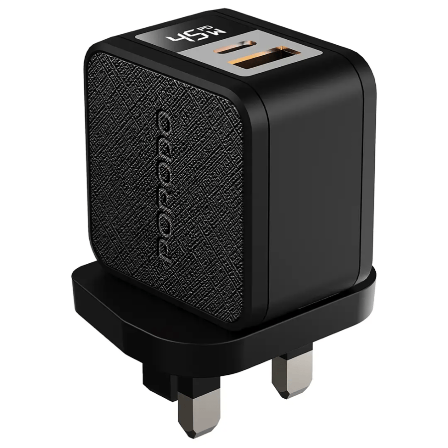 شاحن Porodo Quantum GaN 45W Multi-Port مع شاشة رقمية - أسود