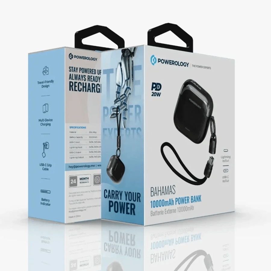 باور بانك Bahamas بسعة 10000mAh – شحن سريع 20W PD مع كابلات Type-C وLightning مدمجة اسود