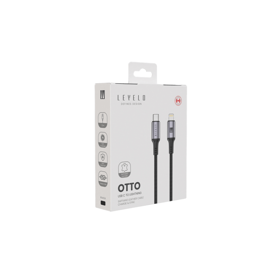 كابل USB C إلى Lightning من ليفيلو Otto بقوة 30 وات مصنوع من الجلد - أسود