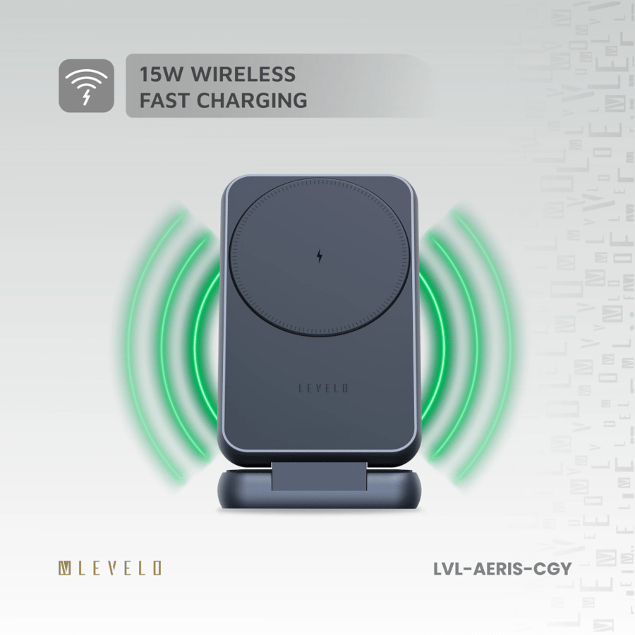 شاحن لاسلكي قابل للطي ثلاثي الوظائف لون رمادي غائم من ليفيلو Levelo Aeris 3 In 1 Foldable Wireless Charger - Cloudy Grey