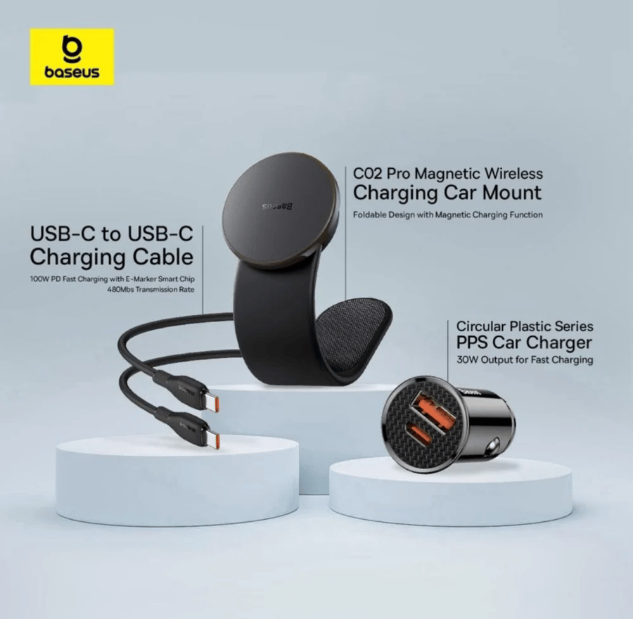حامل جوال بيسوس c02 برو كلاستر مغناطيسي يدعم شحن لاسلكي وشاحن سيارة بمنفذ USB-A ومنفذ تايب سي وكيبل تايب سي الى تايب سي